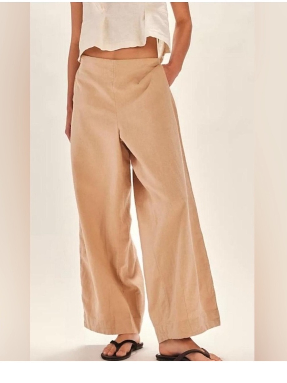 Free People Free-est Demi Tan Linen Blend Pants Size Large Pull On Wide Leg